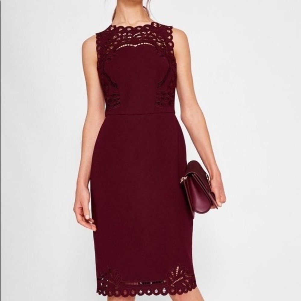 Ted Baker Sheath Dress Embroidered Lace‎ Cut Out US 4 Maroon Pencil Knee Length